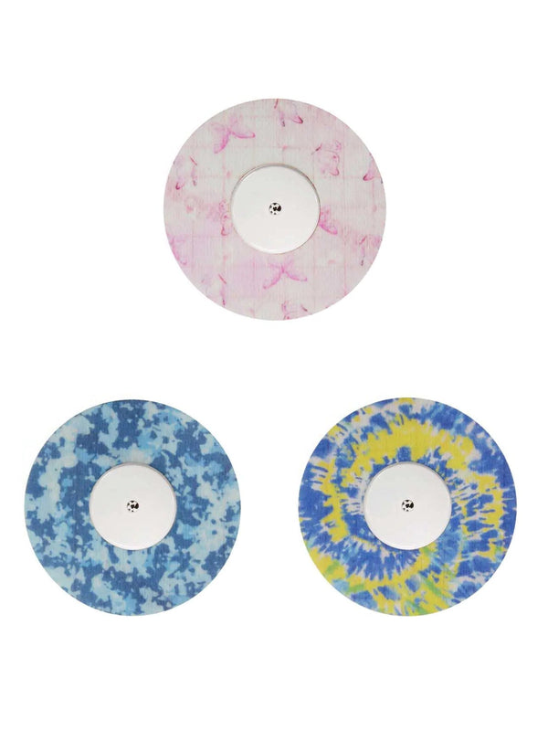 Colorful adhesive patches for FreeStyle Libre 2 with tie-dye, camo, and butterfly designs, set of 3.