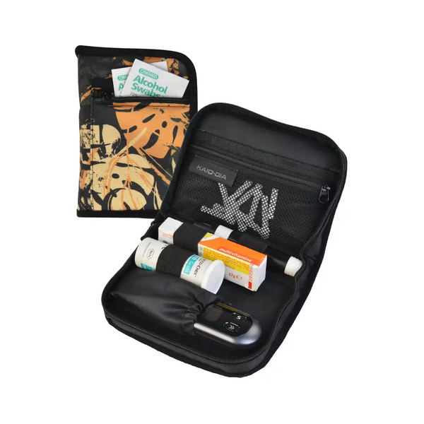 Compact diabetic travel case for glucose meter and daily supplies, with multiple compartments and stylish design.