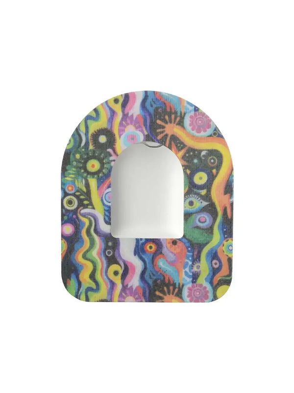 Vibrant Omnipod POD patch with childhood memories design for secure insulin pump placement.