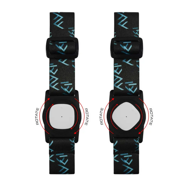 Two black and blue patterned knee pads for use with Medtronic Simplera CGM