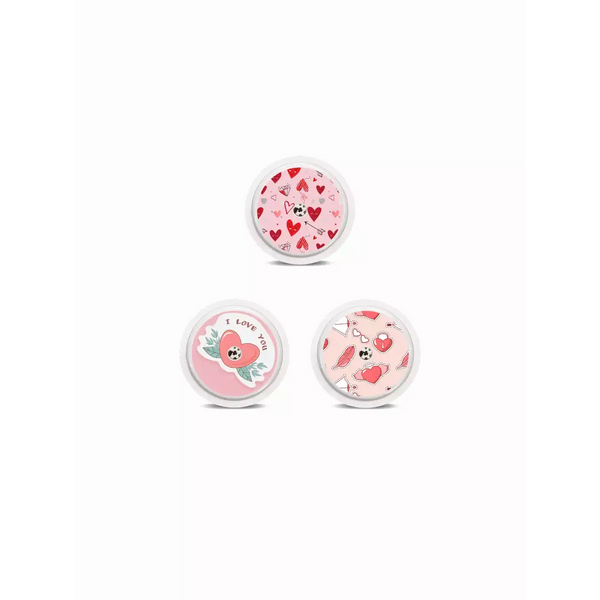 Valentine's Day 2024 themed Freestyle Libre 2 sensor stickers with rainbow hearts and love motifs.