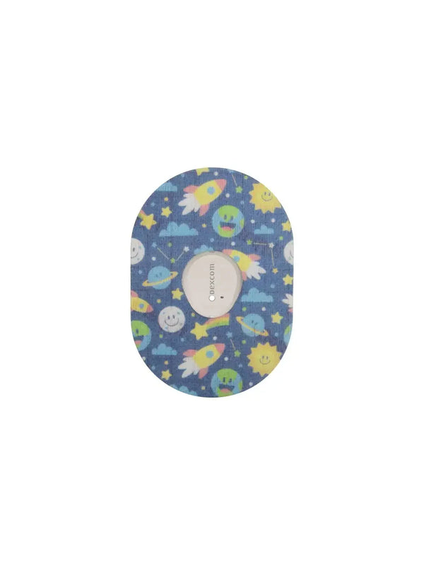 Dexcom G7 patch with colorful childhood-themed space design, breathable and hypoallergenic sensor adhesive cover.