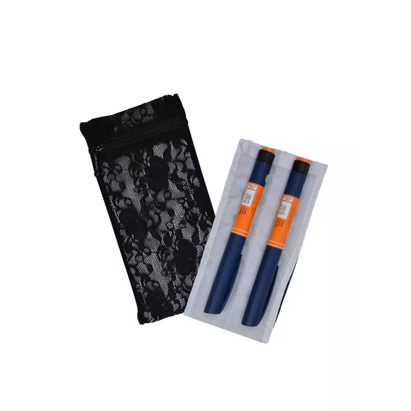 Insulin cooling wallet for 2 insulin pens in lace design holding two insulin pens.