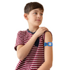 Child in a red and white striped t-shirt wearing a Dexcom G7 sensor Dia-Style armband