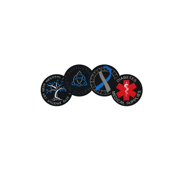 Viking-themed diabetes awareness iron-on patches with ancient symbols like Triquerta and Tree of Life, promoting advocacy and conversation.