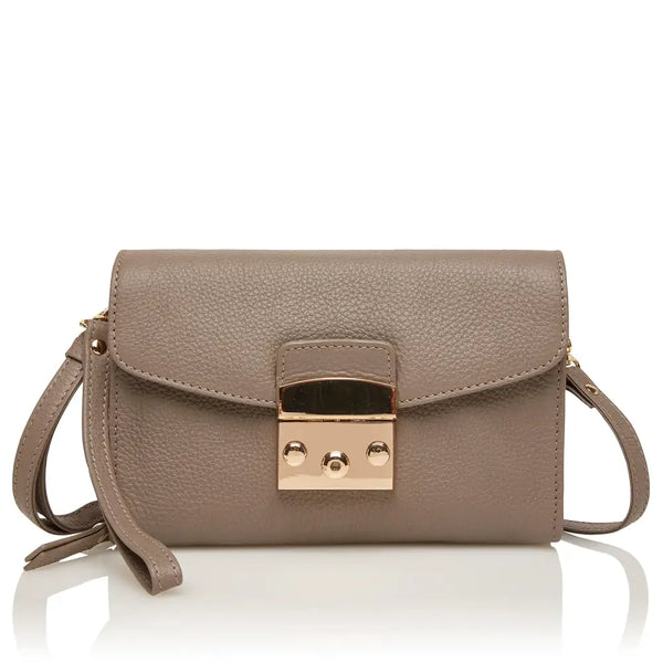 Taupe feminine leather shoulder bag for diabetics with detachable strap and secure clasp closure