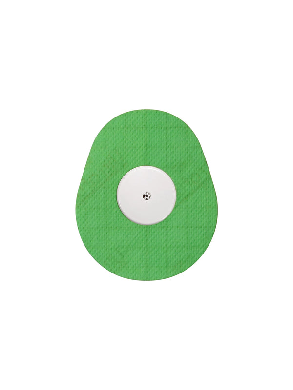 FreeStyle Libre 2 drop shape patch in green solid color, breathable adhesive overpatch to help support sensor wear