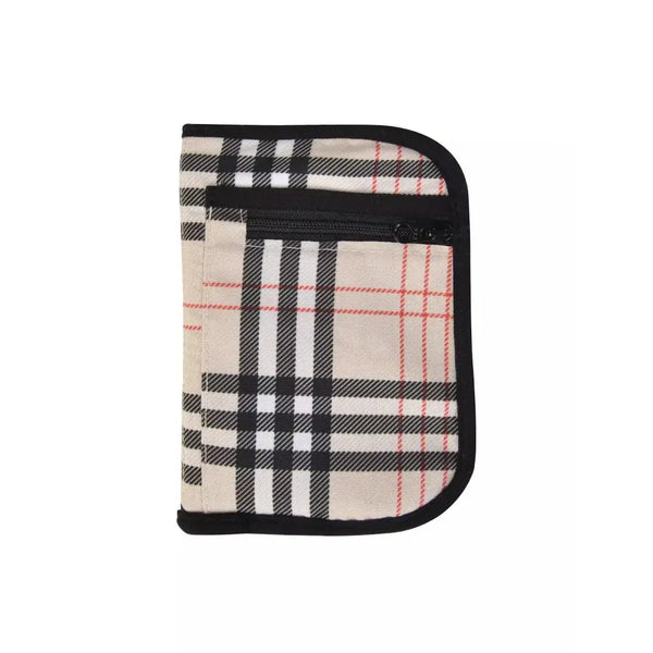 Compact and stylish diabetic travel case in plaid design for glucose meter and essentials.