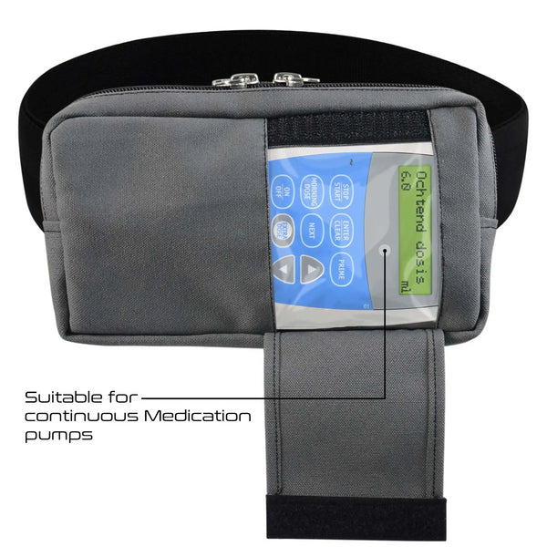 Grey horizontal infusion pump bag with adjustable waist belt and clear display window for therapy pumps