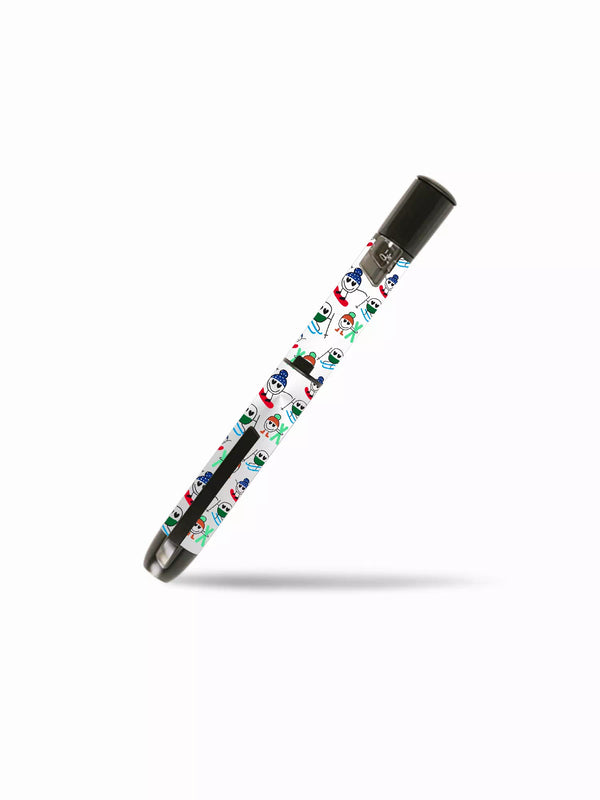 Winter-themed InPen insulin pen sticker with festive snowmen and holiday designs.