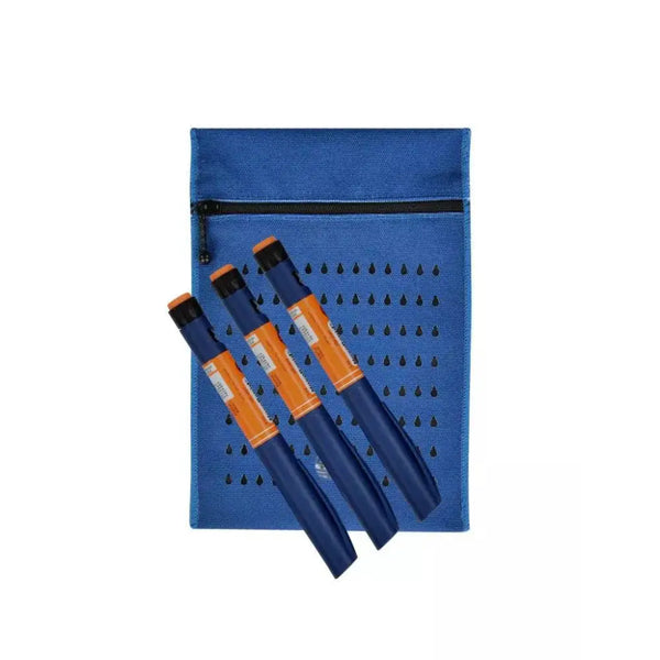 Insulin cooling wallet for travel, holds 3 insulin pens, blue with zipper, Dia-Cool.