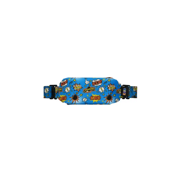 Colorful Insulin Pump Pouch for children with superhero graphics on blue background
