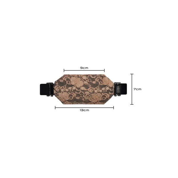 Insulin pump pouch in lace with delicate pattern and adjustable strap, measuring 9cm by 7cm.