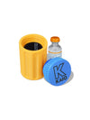 Kaio insulin vial protector with yellow body and blue cap for standard 10ml insulin vial protection