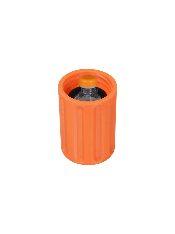 Orange Kaio insulin vial protector designed to safely hold and protect standard 10ml insulin vials"