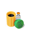 Kaio insulin vial protector with yellow body and green cap for standard 10ml insulin vial protection