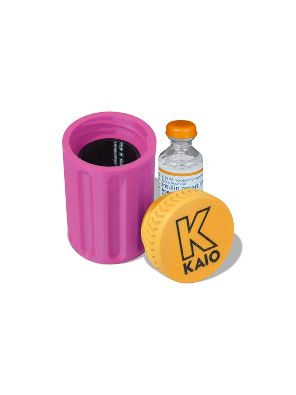 Kaio insulin vial protector with pink body and yellow cap for safe daily insulin vial storage