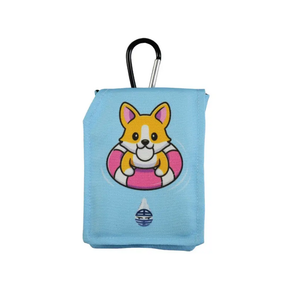 Insulin pump pouch for kids with cooling system and corgi design.