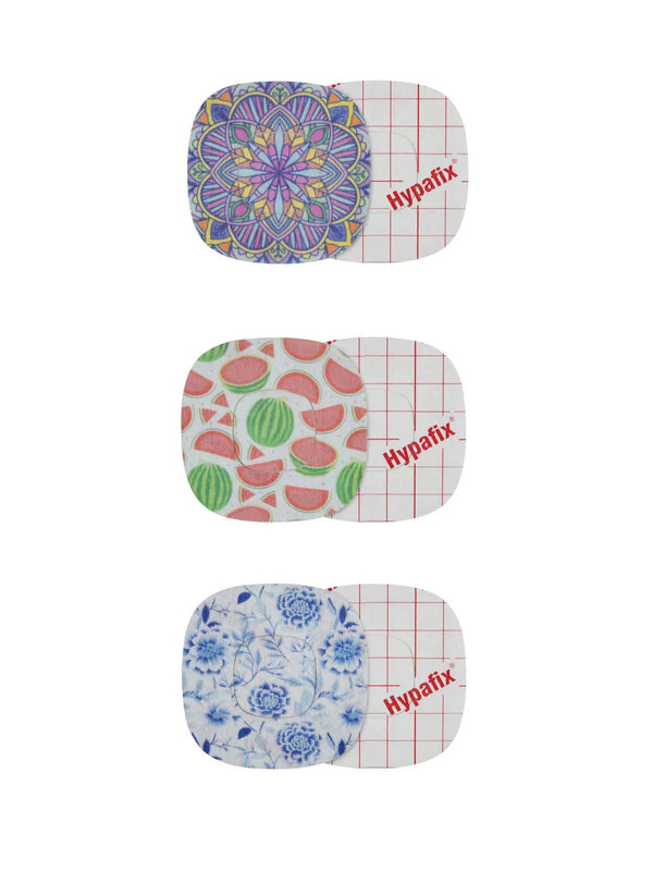 Simplera Sensor Patches in vibrant mandala, watermelon, and blue floral designs for secure and stylish CGM wear.