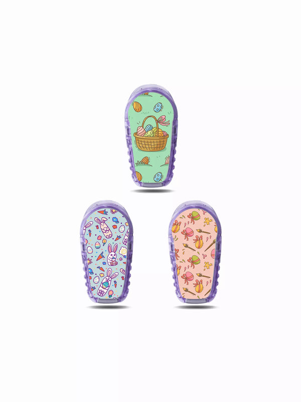 Easter-themed Dexcom G6 sensor stickers with bunnies and eggs design.