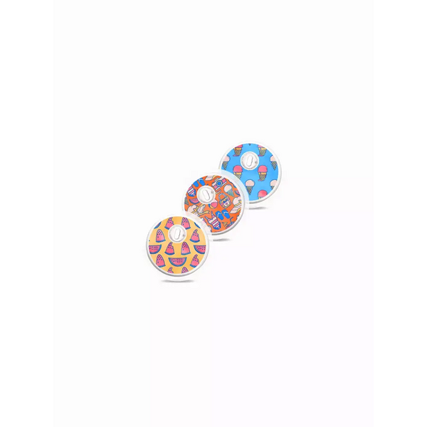 Freestyle Libre 3 Summer Edition stickers with vibrant designs featuring beach scenes and tropical elements.