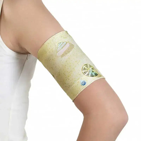 Glucose sensor armband for kids with sea-themed design, securely holds devices for active children.