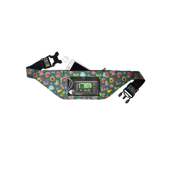 Colorful double pocket insulin pump belt with adjustable straps and a clear front window for easy pump monitoring.