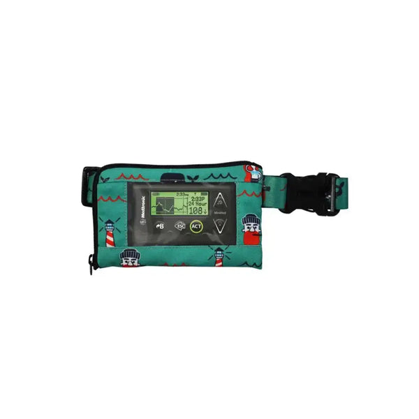 Insulin pump belt with window for kids, featuring adjustable fit and cute design.