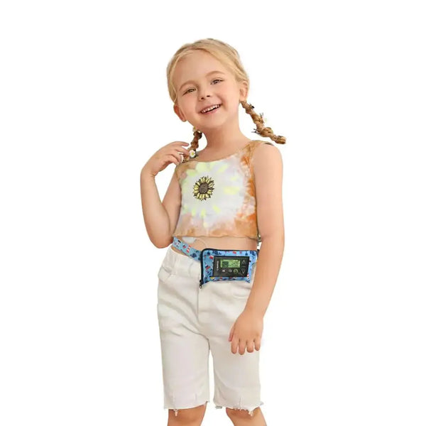 Insulin pump belt with window for kids in cute design, worn by a child for easy insulin pump access.
