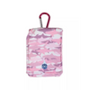 Children's pink insulin pump pouch with cooling carabiner attachment.