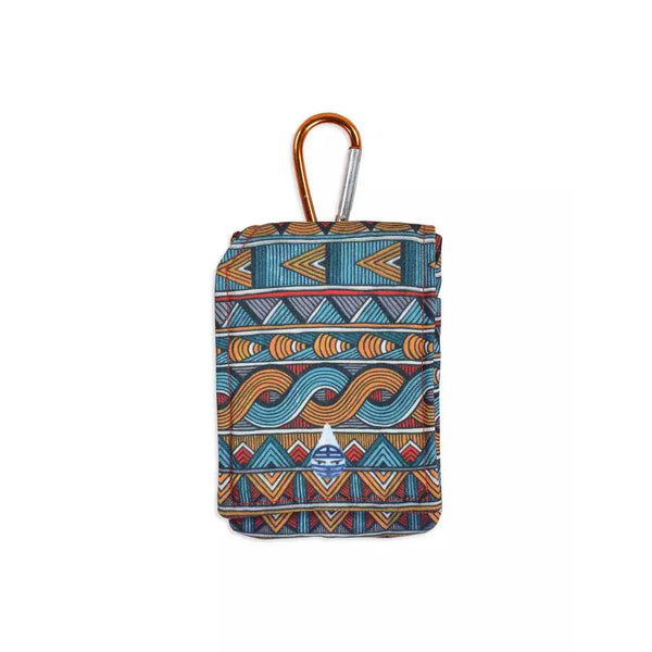 Colorful insulin pump pouch with cooling system and carabiner hook.