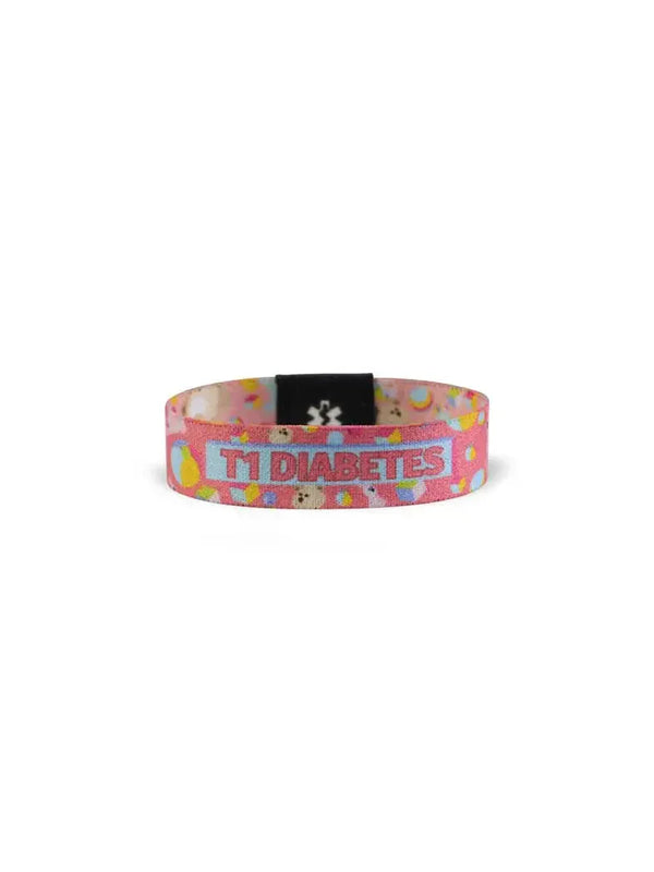 Reversible Type 1 Diabetes awareness wristband for children with colorful prints.