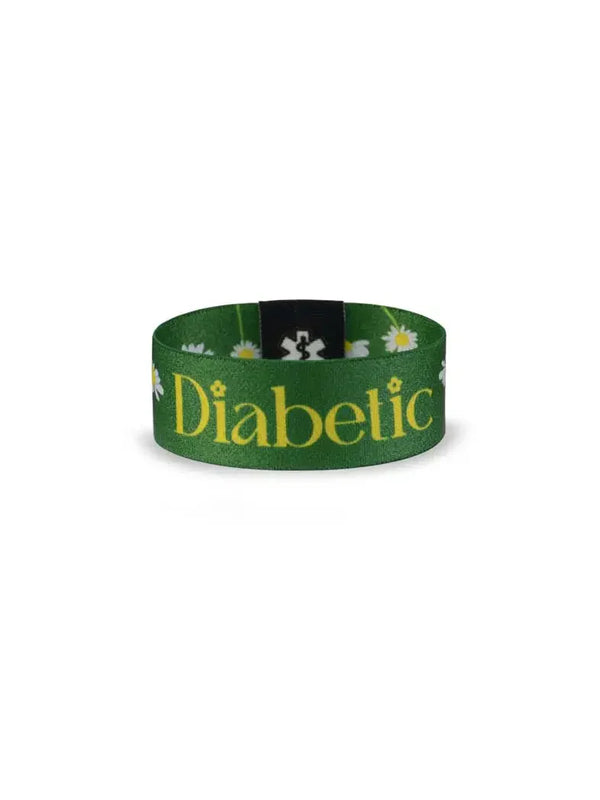 Reversible Diabetes Awareness Wristband with vibrant summer colors and daisy prints, featuring "Diabetic" text.