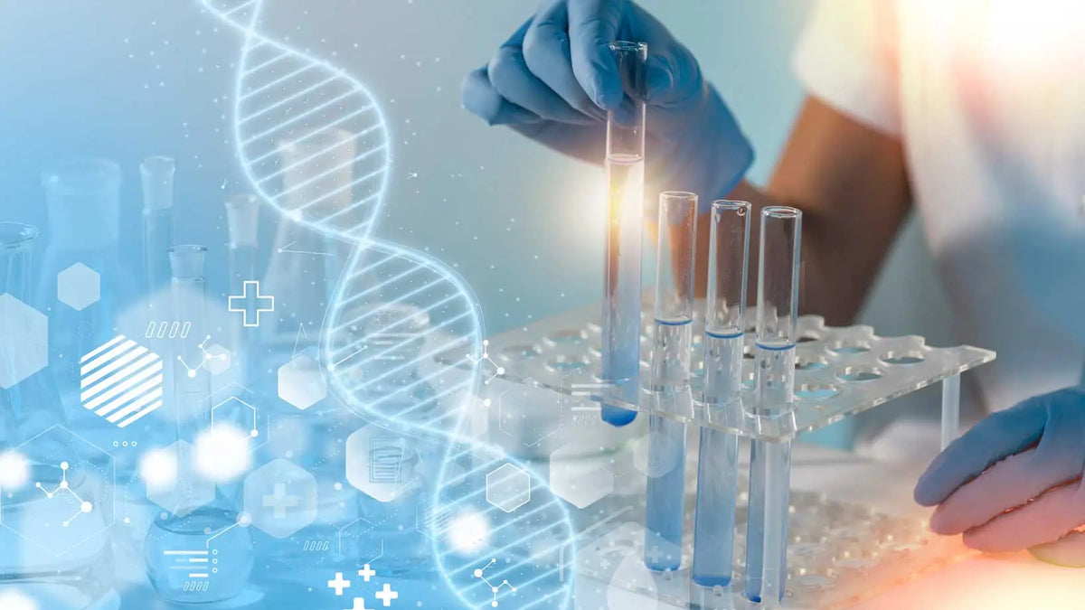 laboratory research scene with test tubes and dna graphics representing type 1 diabetes research and medical innovation Image