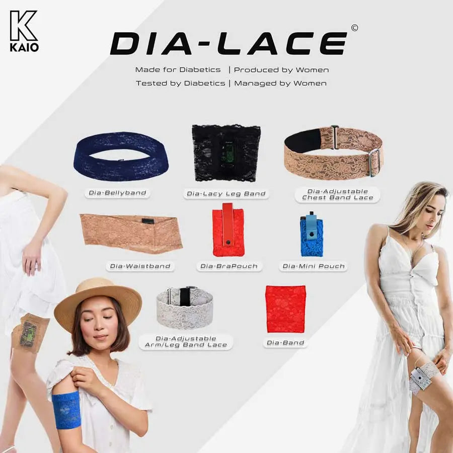 Lace accessories for insulin pumps and CGM devices, including bellybands, leg bands, waistbands, and pouches for daily wear. Image