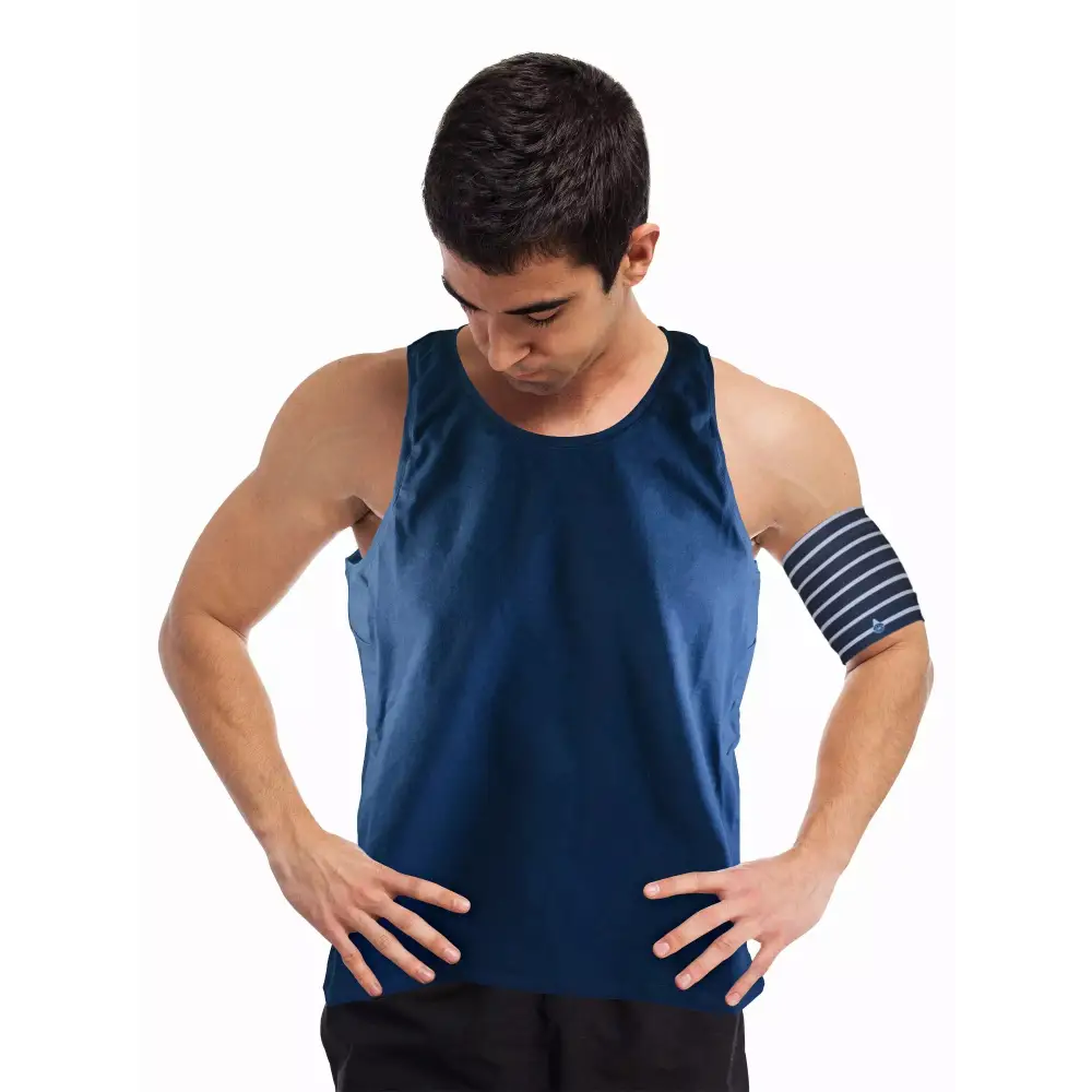 Young man wearing a navy insulin pump tank top Image