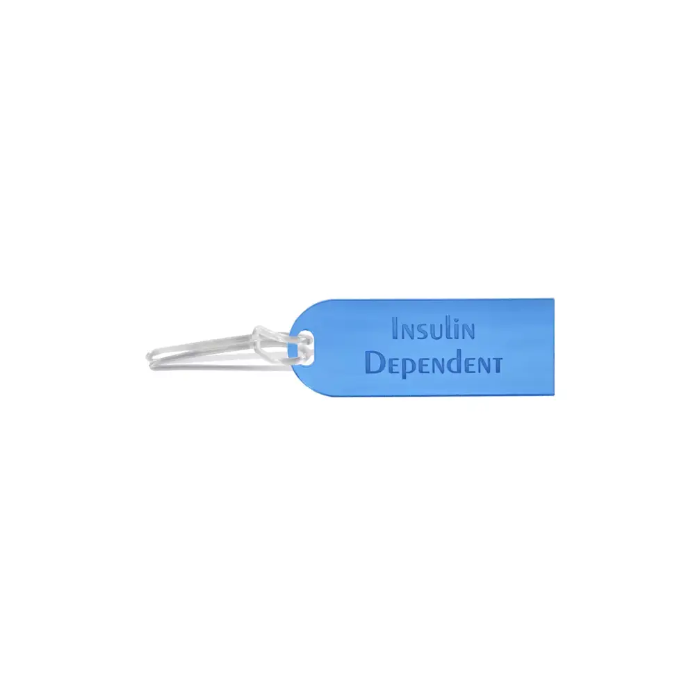 Diabetic luggage tag with "Insulin Dependent" text, acrylic build, blue and clear design for easy identification.