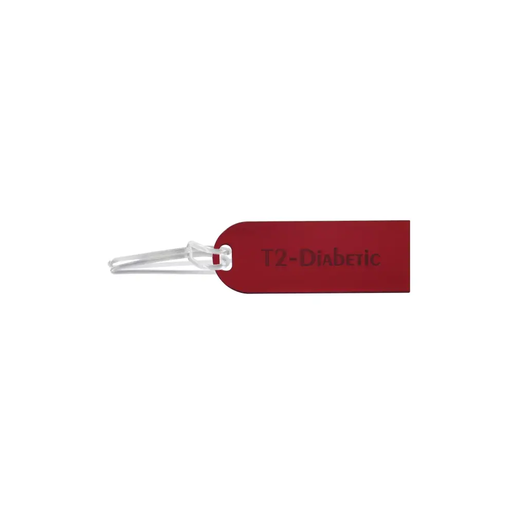 Durable red acrylic diabetic luggage tag with "T2-Diabetic" text for travel.
