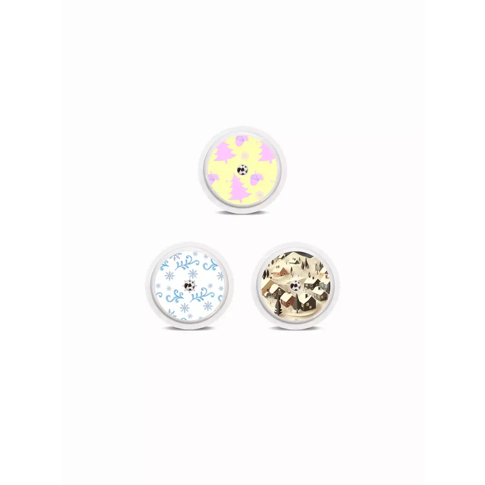 Winter-themed Freestyle Libre 2 sensor stickers featuring snow-covered landscapes and frost patterns.