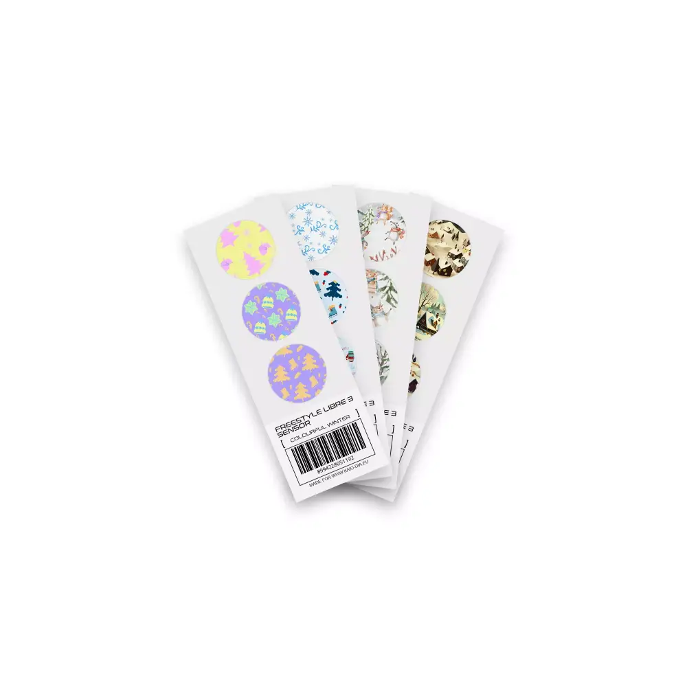 Winter edition Freestyle Libre 3 sensor stickers with festive designs, featuring secure fit for enhanced glucose monitoring.