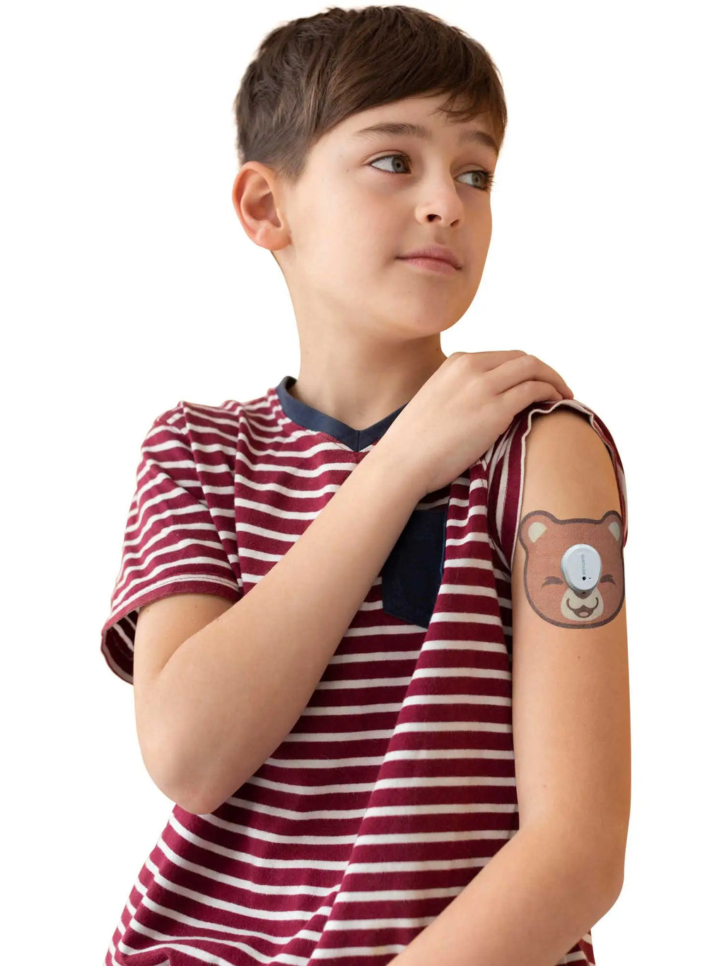Dexcom G7 adhesive patch for kids, bear shape, worn by a young boy