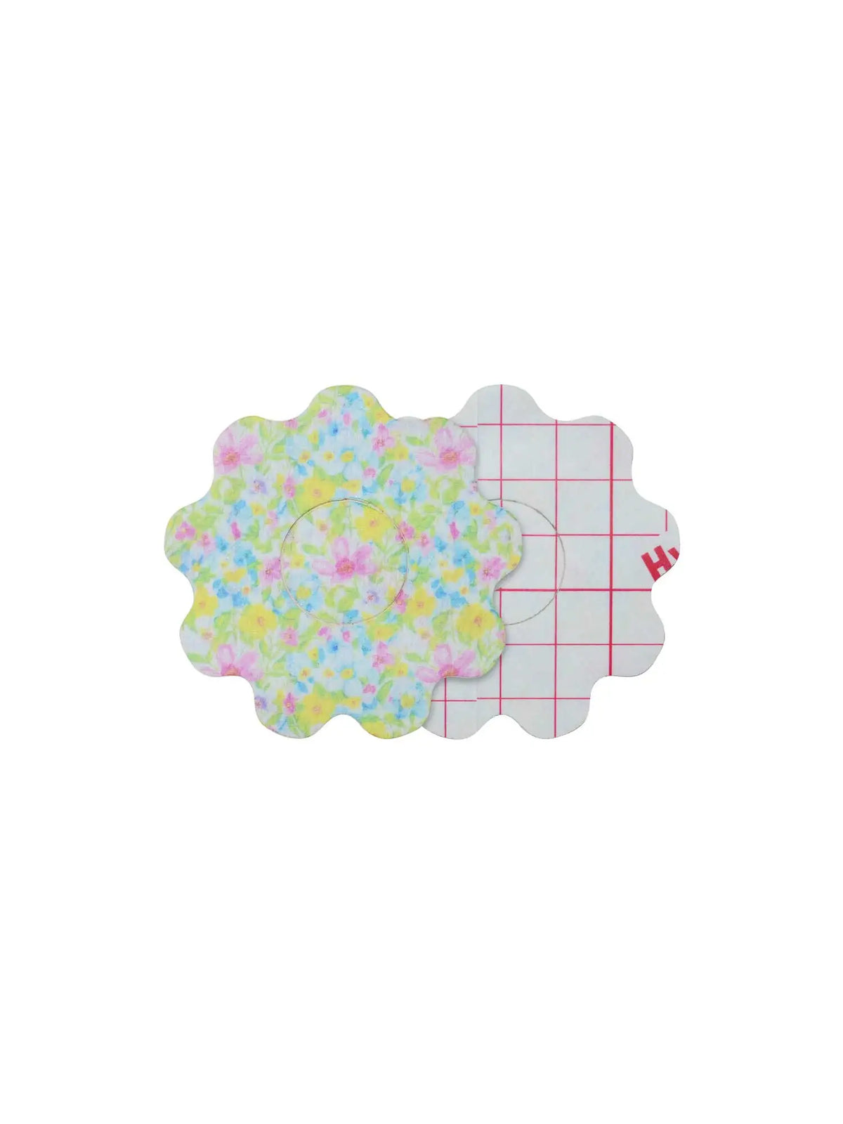Freestyle Libre 3 flower patch front and back view showing adhesive layer and colorful protective design