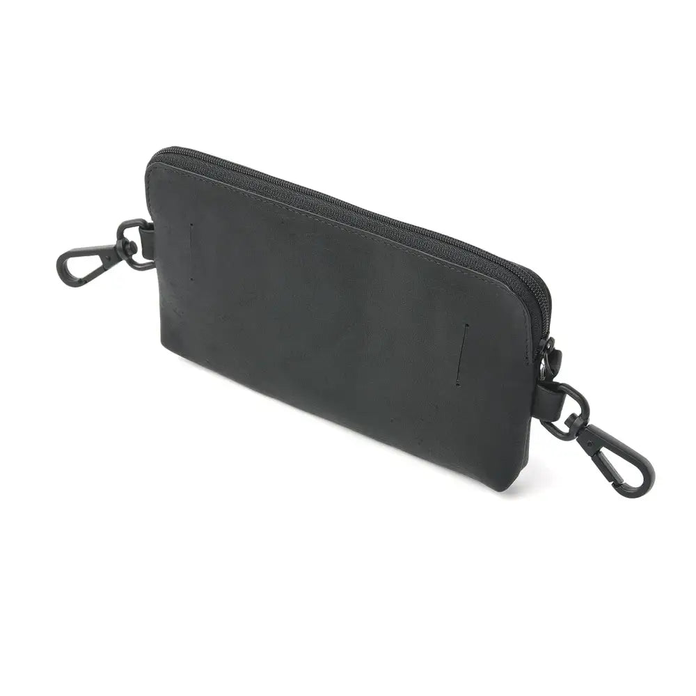 Stylish black leather insulin pump waist pack with hooks and zippered pockets.