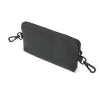 Stylish black leather insulin pump waist pack with hooks and zippered pockets.