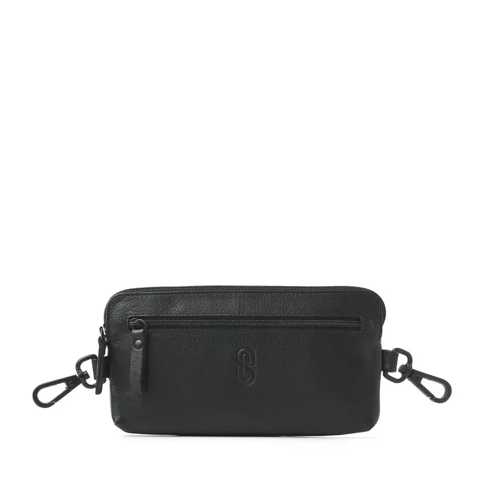 Stylish black leather waist pack for insulin pump and essentials with zippered pockets and hooks.