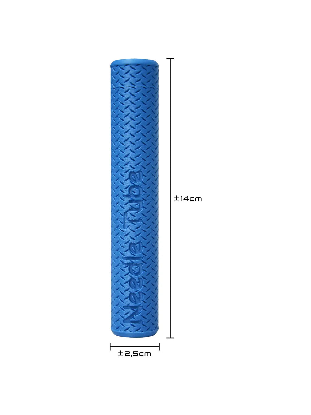 insulin pen needle storage tube sapphire blue dimensions showing size and capacity for safe storage