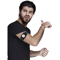 Person in black t-shirt showcasing Medtronic Simplera CGM with adjustable armband