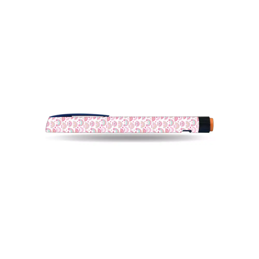NovoRapid Flexpen with Valentine-themed pink and white heart pattern sticker for diabetes care