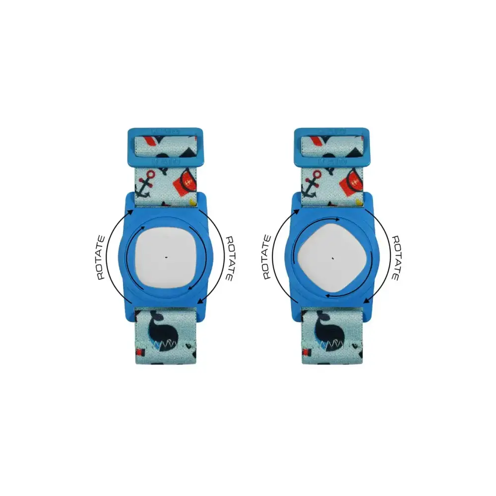 Medtronic Simplera Armband for children with rotating clip and metal adjuster, showcasing playful prints and durable design.