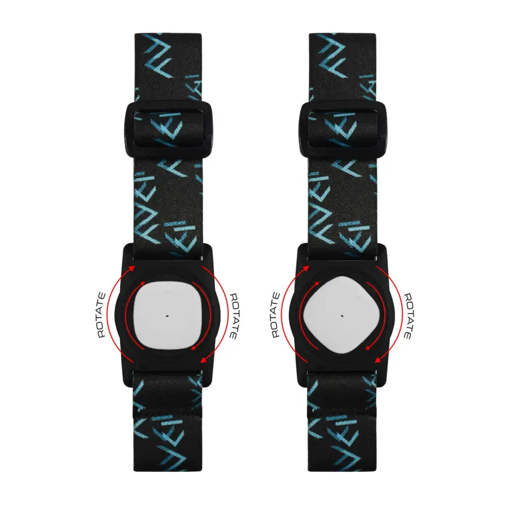 Two black and blue patterned knee pads for use with Medtronic Simplera CGM